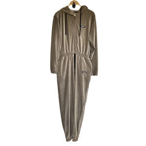 ASOS Hooded Ribbed Velour Onesie Jumpsuit with Drawstring Taupe 2